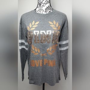 Victoria's Secret Pink Long Sleeve Shirt Top Gray/White/Gold Bling XS